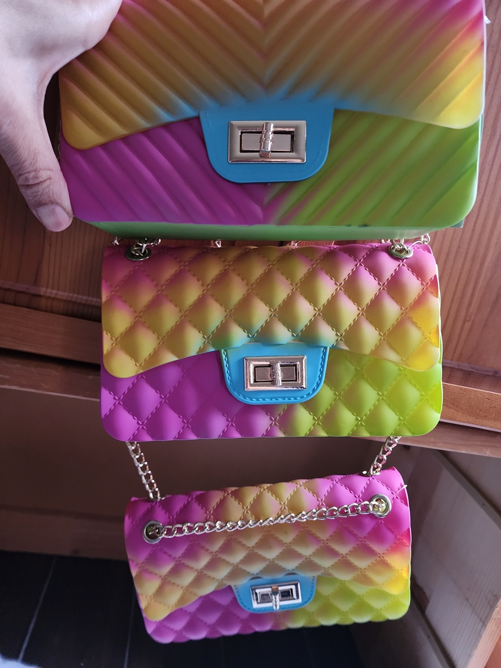 3-Rainbow Gradient Quilted Crossbody Bag with Gold Chain